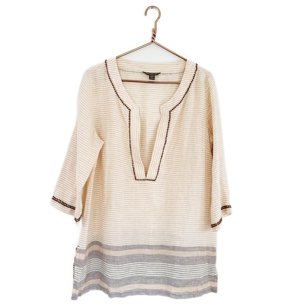 Tommy Bahama Linen Womens Medium Striped V Neck Tunic Peasant Blouse Tan